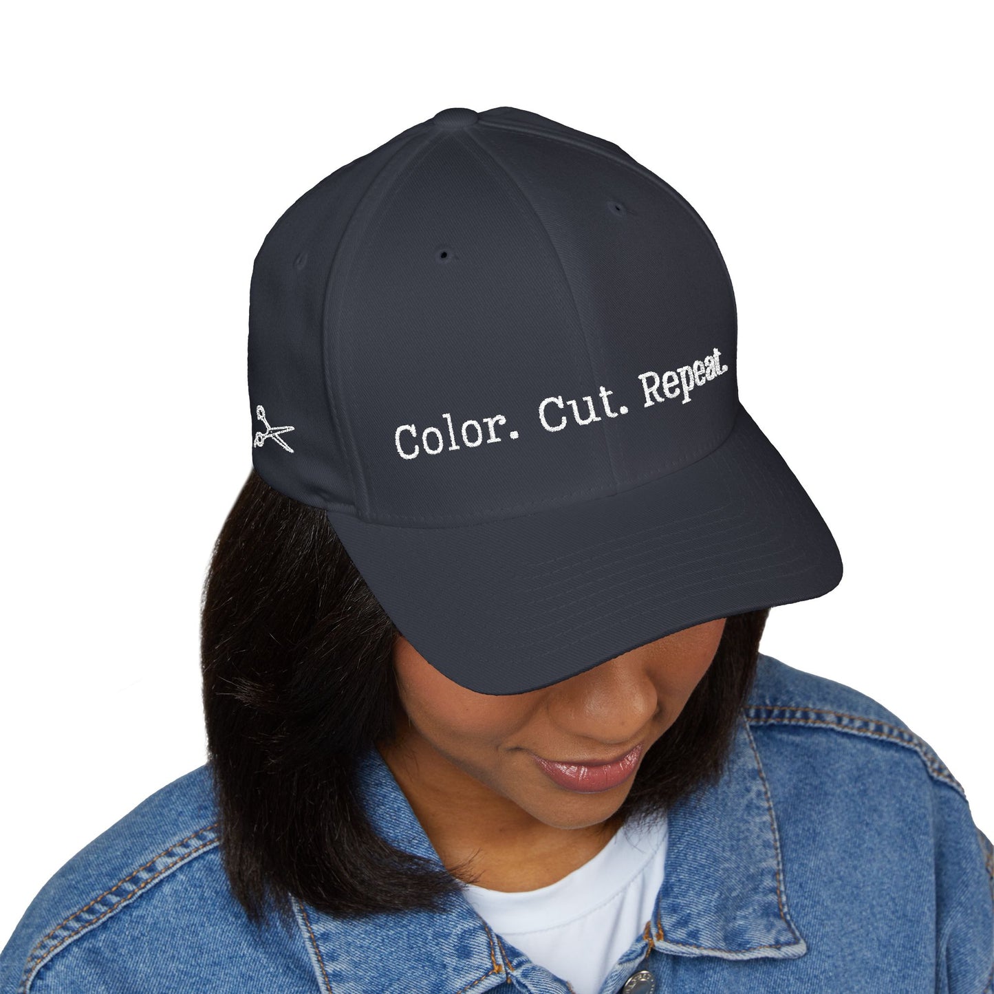 Color. Cut. Repeat. Flexfit Hat | Embroidered Hairstylist Cap