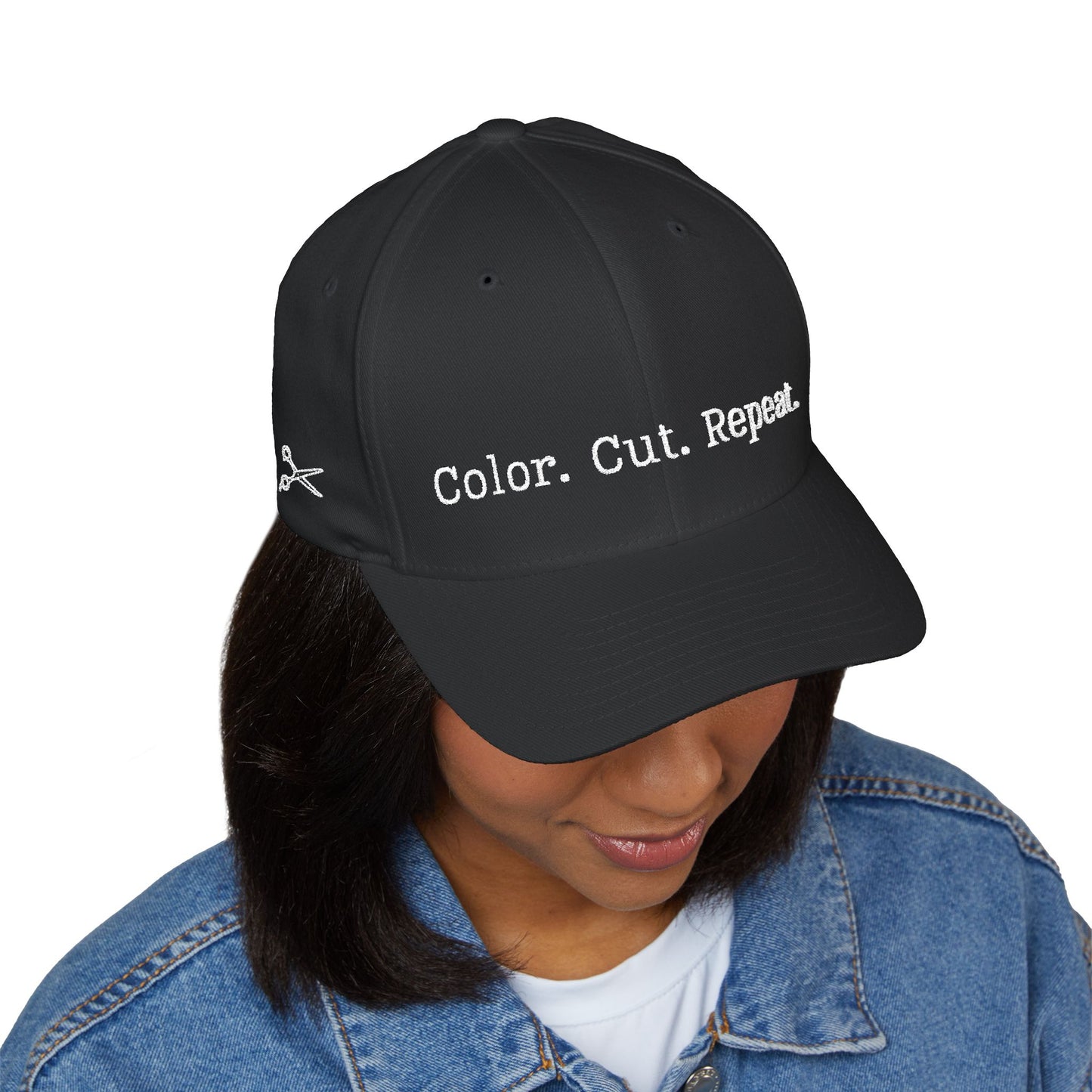 Color. Cut. Repeat. Flexfit Hat | Embroidered Hairstylist Cap