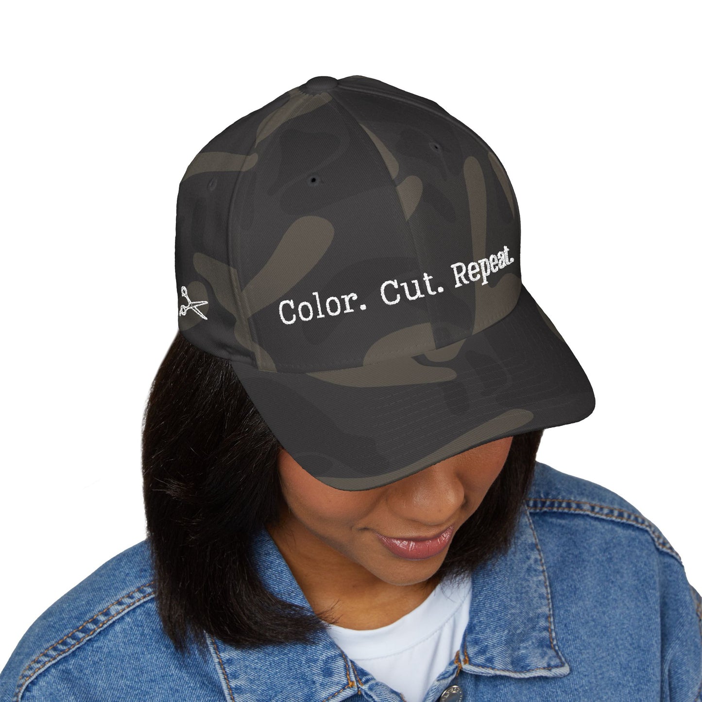 Color. Cut. Repeat. Flexfit Hat | Embroidered Hairstylist Cap