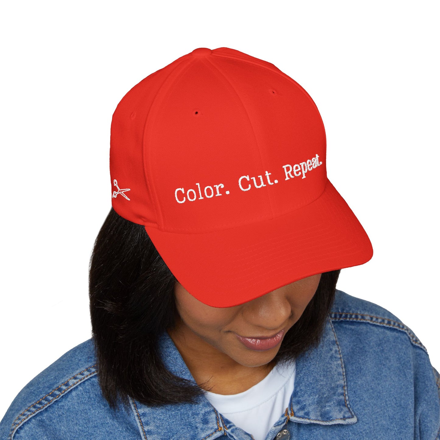 Color. Cut. Repeat. Flexfit Hat | Embroidered Hairstylist Cap