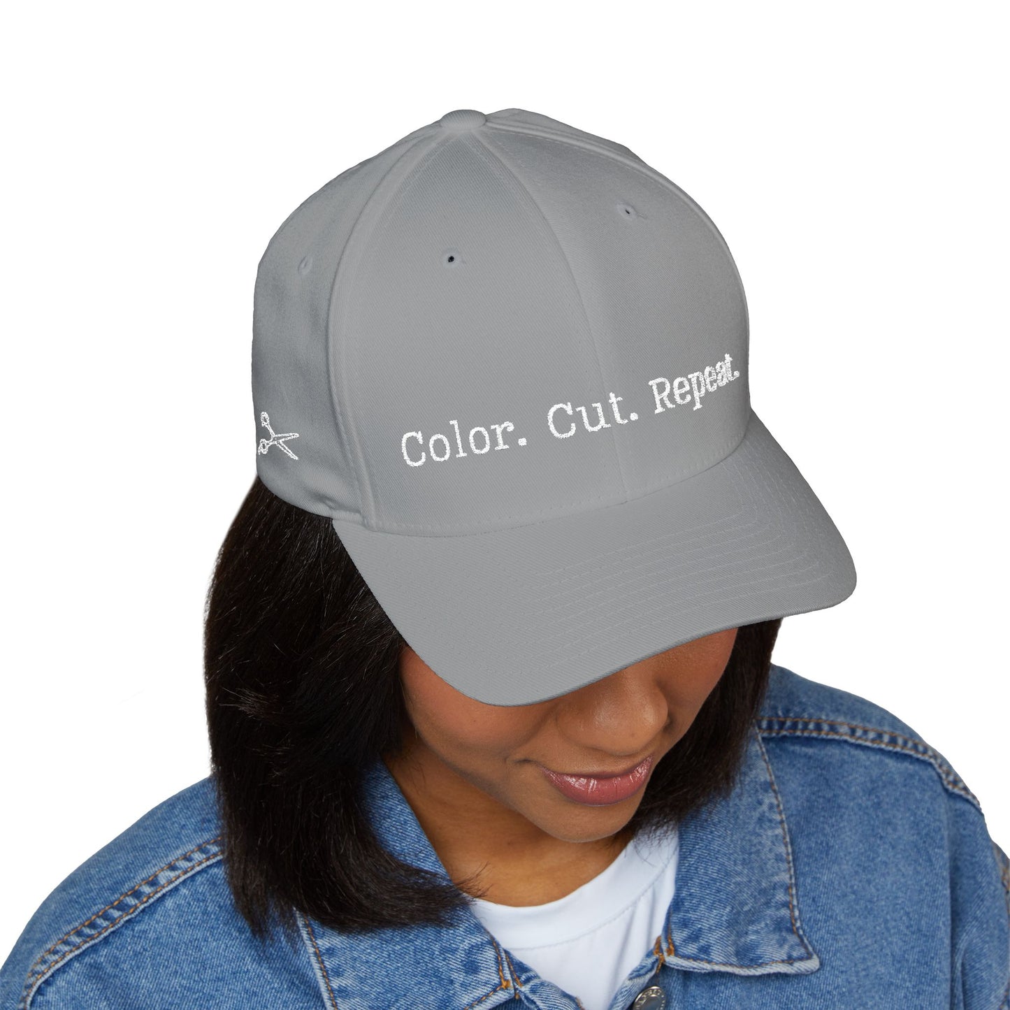 Color. Cut. Repeat. Flexfit Hat | Embroidered Hairstylist Cap